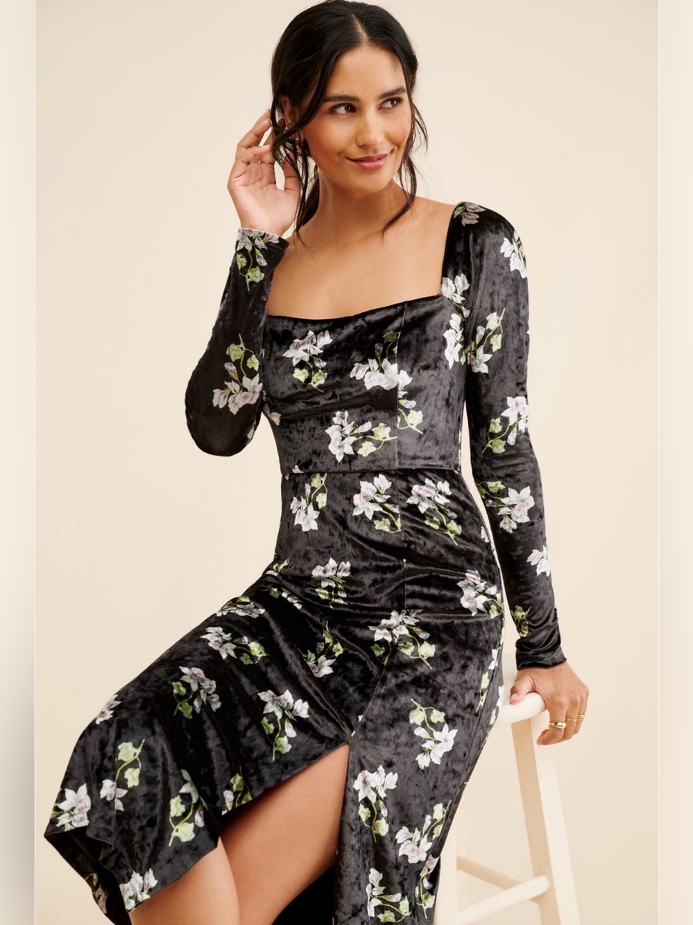 Anthropologie Hutch Black Floral Velvet Long-Sleeve Midi Dress